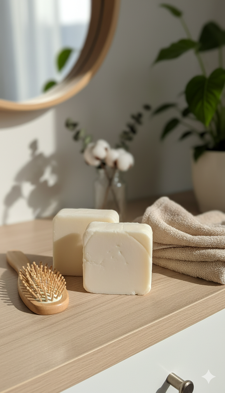 Three bars of soap on a wooden surface with a brush and towel in a softly lit room.