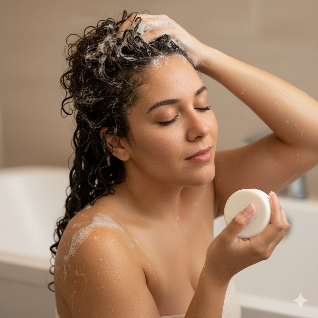 Woman washing her hair with a bottle of shampoo in a bathroom setting