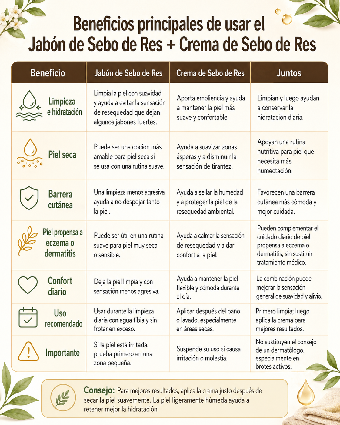 tabla iliustrativa donde puedes ver los beneficios del uso del jabon y la crema juntos de sebo de res