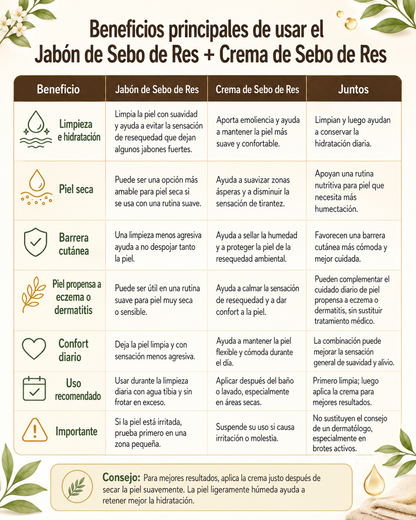 tabla iliustrativa donde puedes ver los beneficios del uso del jabon y la crema juntos de sebo de res