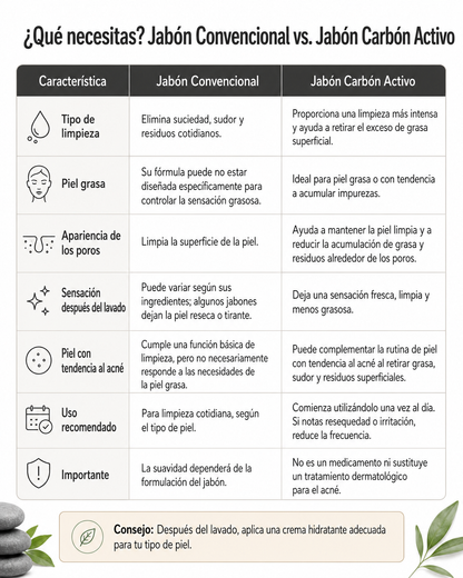 tabla comparativa del uso de jabon convencional vs jabon carbon activo.
