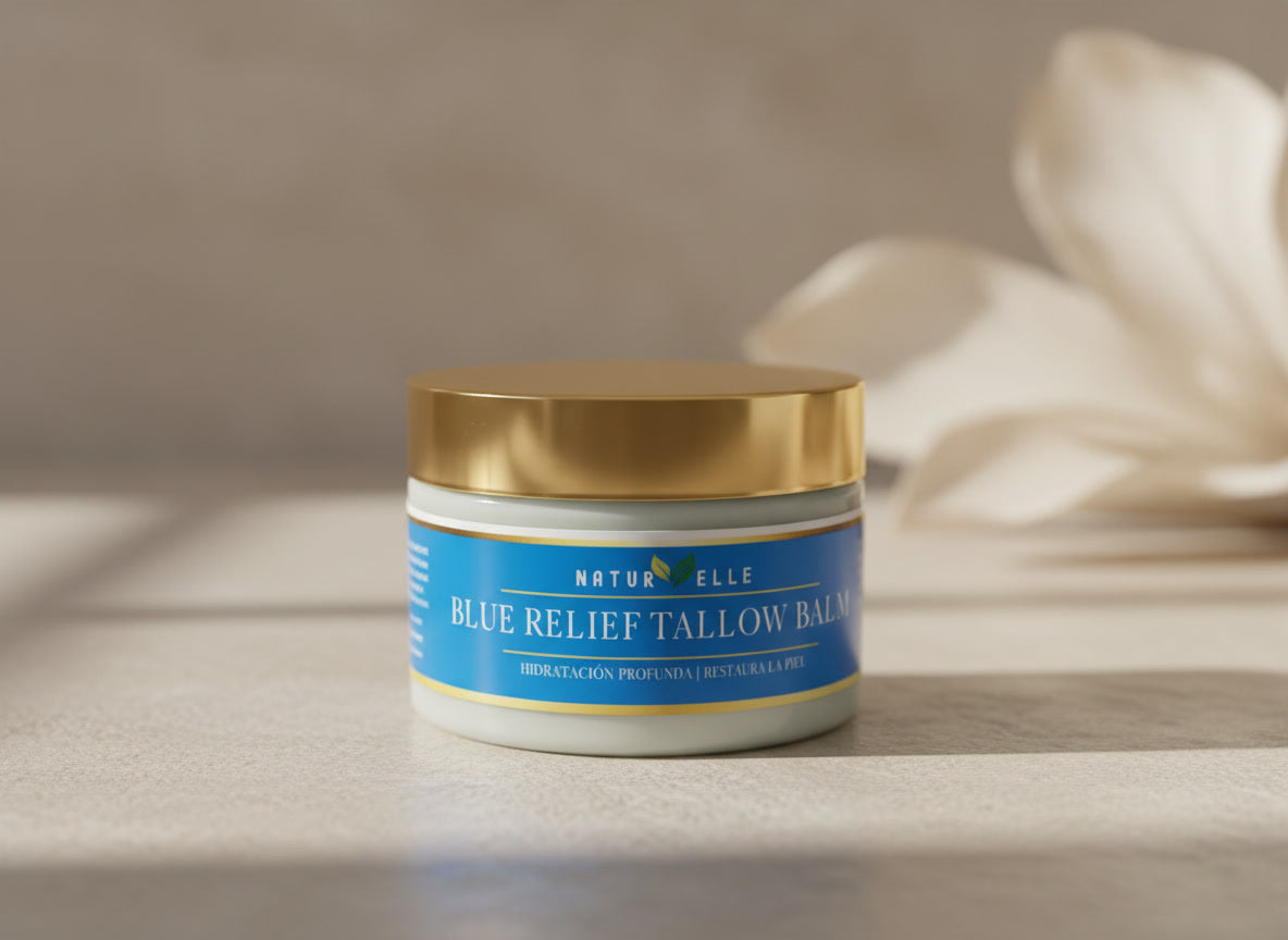 Tarro de "Bálsamo de sebo Blue Relief" con tapa dorada sobre una superficie de madera — NaturElle Puerto Rico