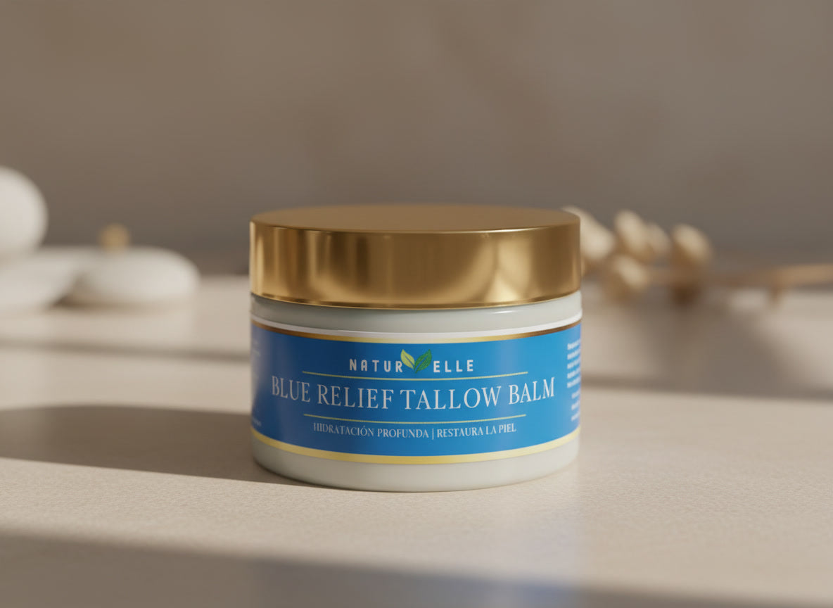 Tarro de "Bálsamo de sebo Blue Relief" con tapa dorada sobre una superficie de madera — NaturElle Puerto Rico