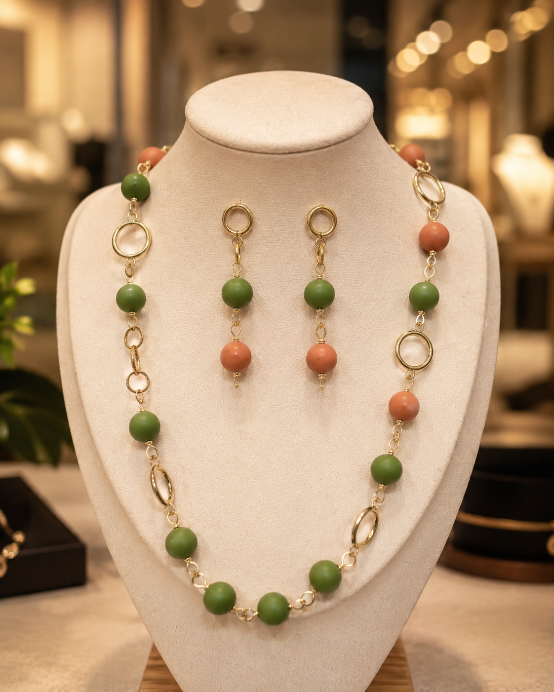 Conjunto de joyas expuesto en un busto color crema, compuesto por un collar de cuentas y pendientes colgantes a juego. El conjunto incluye cuentas verdes mate, cuentas naranja terracota mate y eslabones y anillos de metal dorado pulido - D'Elle Gifts