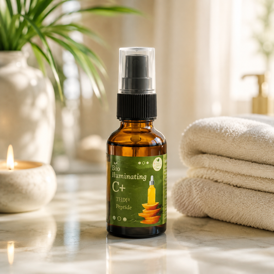 An amber glass spray bottle labeled 'Bio Illuminating C+ Peptide' stands on a marble surface in a bright, spa-like bathroom setting with folded towels, a candle, and a plant in the background.