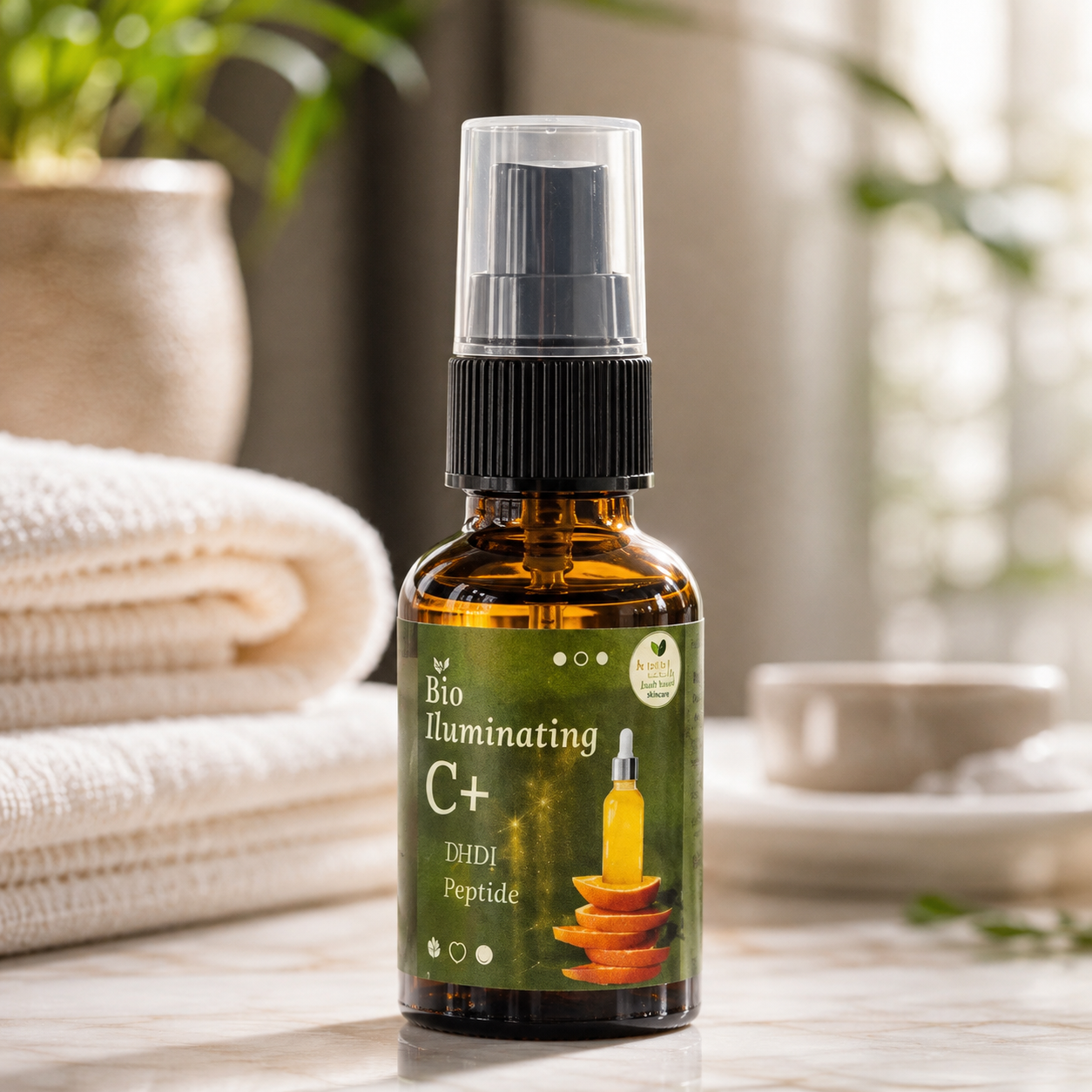 A bottle of Bio Illuminating C+ EDHJ Peptide serum in an amber glass bottle with a black spray pump and clear cap, set on a marble surface with a folded cream towel and a blurred background.
